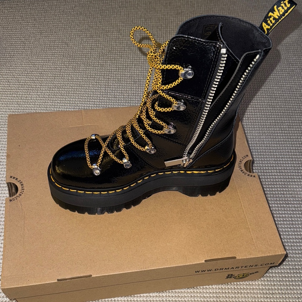 Dr. Martens Black Patent Combat Boots with Yellow Accents